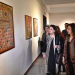 Chairperson of Benazir Income Support Programme (BISP), Senator Rubina Khalid, viewing artwork after inaugurating the exhibition “Sindhu Sur (Melody of Sindhu)” at PNCA. The exhibition, organized in collaboration with Nomad Gallery and curated by Nageen Hyat, celebrates the cultural and artistic spirit of Sindh, featuring a diverse group of talented artists