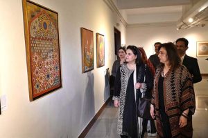 Chairperson of Benazir Income Support Programme (BISP), Senator Rubina Khalid, viewing artwork after inaugurating the exhibition “Sindhu Sur (Melody of Sindhu)” at PNCA. The exhibition, organized in collaboration with Nomad Gallery and curated by Nageen Hyat, celebrates the cultural and artistic spirit of Sindh, featuring a diverse group of talented artists