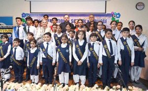 Federal Minister for Overseas Pakistanis and Human Resource Development, Chaudhry Salik Hussain being presented flower bouquet on his arrival at Investiture Ceremony of PBF International School & College H-9.