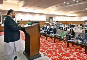 Federal Minister for National Heritage and Culture Aurangzeb Khichi addressing a Policy Dialogue on “Prospects & Challenges to National Cohesion & Cultural Integrity in Pakistan” conducted by United Nations Office on Drugs and Crime (UNODC) & Centre of Excellence for National Cohesion and Outreach.