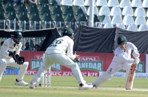 Pakistani players celebrates after taking wicket of South Africa’s batsman Simon Harmer during third day of the second Test match between Pakistan and South Africa at Rawalpindi Cricket Stadium.
