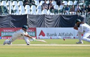 South Africa’s players celebrate after the run-out of Pakistani batter Shaheen Afridi during the fourth day of the second Test match between Pakistan and South Africa at Rawalpindi Cricket Stadium.