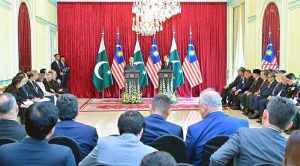 Prime Minister of Pakistan Muhammad Shehbaz Sharif and Prime Minister of Malaysia Dato Seri Anwar Ibrahim giving Joint Press statement.