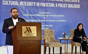 Federal Minister for National Heritage and Culture Aurangzeb Khichi addressing a Policy Dialogue on “Prospects & Challenges to National Cohesion & Cultural Integrity in Pakistan” conducted by United Nations Office on Drugs and Crime (UNODC) & Centre of Excellence for National Cohesion and Outreach.