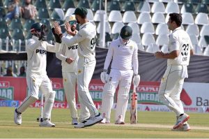 Pakistani players celebrates after taking wicket of South Africa’s batsman Simon Harmer during third day of the second Test match between Pakistan and South Africa at Rawalpindi Cricket Stadium.