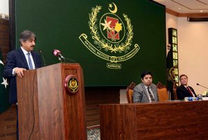 Speaker of the Sindh Provincial Assembly Syed Awais Qadir Shah addresses the graduation ceremony of the 38th Senior Management Course for officers during the concluding certificate distribution ceremony at the National Institute of Public Administration (NIPA) Auditorium.