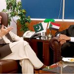 Federal Minister for Maritime Affairs Muhammad Junaid Anwar Chaudhry talking to Sudan's Ambassador, Salih Mohamed Ahmed Mohamed Siddig, who called on him