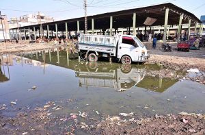 A view of sewerage water accumulated at subzi mandi.