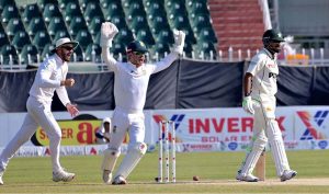 South Africa’s players celebrate after the run-out of Pakistani batter Shaheen Afridi during the fourth day of the second Test match between Pakistan and South Africa at Rawalpindi Cricket Stadium.