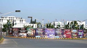 A view of banners displayed in front of Parliament house to mark October 27 as ‘Black Day’, condemning Indian atrocities against Kashmiris and the illegal occupation of Jammu and Kashmir on October 27, 1947. The day is observed annually to express solidarity and support for the Kashmiri people in their struggle for the right to self-determination