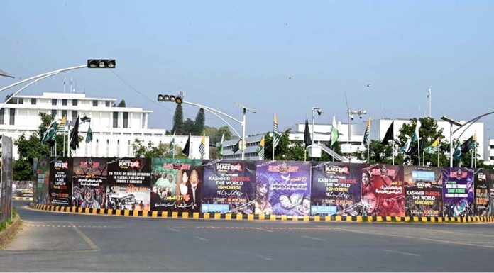 A view of banners displayed in front of Parliament house to mark October 27 as ‘Black Day’, condemning Indian atrocities against Kashmiris and the illegal occupation of Jammu and Kashmir on October 27, 1947. The day is observed annually to express solidarity and support for the Kashmiri people in their struggle for the right to self-determination
