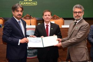 Speaker of the Sindh Provincial Assembly Syed Awais Qadir Shah addresses the graduation ceremony of the 38th Senior Management Course for officers during the concluding certificate distribution ceremony at the National Institute of Public Administration (NIPA) Auditorium.