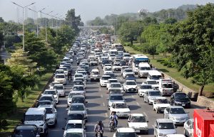 Bumper-to-bumper traffic clogs the Expressway as commuters face heavy congestion during peak hours in the Federal Capital