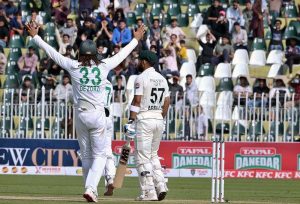 South Africa's players celebrate the dismissal of Pakistani batter Abdullah Shafique during the first day of the second Test match between Pakistan and South Africa at the Rawalpindi Cricket Stadium.