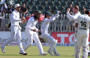 South Africa’s players celebrate after the run-out of Pakistani batter Shaheen Afridi during the fourth day of the second Test match between Pakistan and South Africa at Rawalpindi Cricket Stadium.