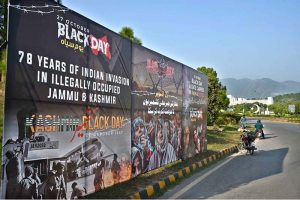 A view of banners displayed in front of Parliament house to mark October 27 as ‘Black Day’, condemning Indian atrocities against Kashmiris and the illegal occupation of Jammu and Kashmir on October 27, 1947. The day is observed annually to express solidarity and support for the Kashmiri people in their struggle for the right to self-determination