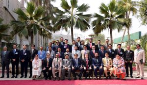 Speaker of the Sindh Provincial Assembly Syed Awais Qadir Shah addresses the graduation ceremony of the 38th Senior Management Course for officers during the concluding certificate distribution ceremony at the National Institute of Public Administration (NIPA) Auditorium.