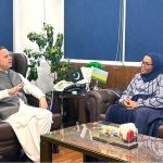 Federal Minister for Maritime Affairs, Muhammad Junaid Anwar Chaudhry talking to Rwandan Ambassador Harerimana Fatou, who called on the minister at his office