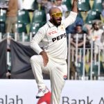 Pakistan player Sajid Khan celebrates after taking wicket of South Africa batter Aiden Markram during the second day of the second Test match between Pakistan and South Africa at the Rawalpindi Cricket Stadium.