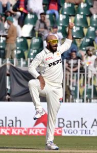 Pakistan player Sajid Khan celebrates after taking wicket of South Africa batter Aiden Markram during the second day of the second Test match between Pakistan and South Africa at the Rawalpindi Cricket Stadium.