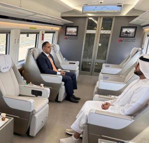 Minister of State for Finance and Railways, Mr. Bilal Azhar Kayani, took a test ride on the Etihad Rail, traveling from Al Faya Depot in Abu Dhabi to Al Qudra