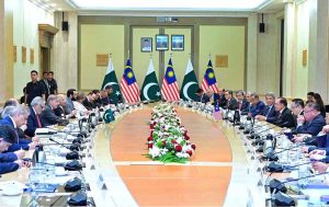 Prime Minister of Pakistan Muhammad Shehbaz Sharif and Prime Minister of Malaysia Dato Seri Anwar Ibrahim in delegation level talks at Purdana Putra (Malaysian Prime Minister's Office).