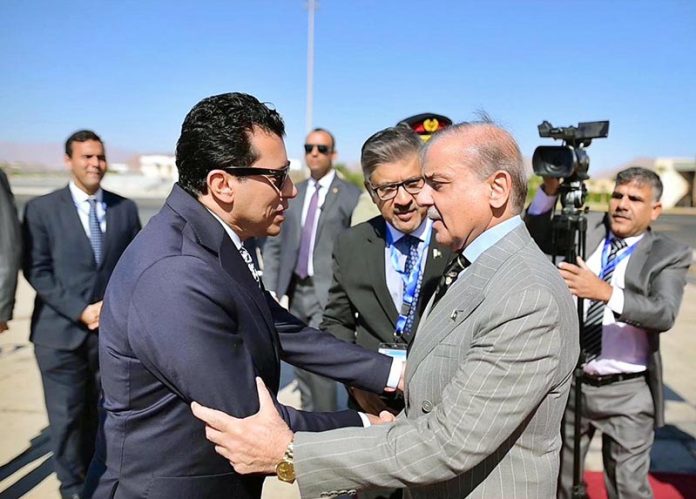 Prime Minister Muhammad Shehbaz Sharif arrives in Sharm El Sheikh to attend Gaza Ceasefire and Peace Summit. Dr. Ashraf Sobhy, Minister of Youth and Sports for Egypt received the Prime Minister upon his arrival