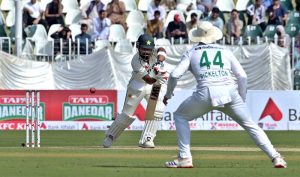 South Africa's players celebrate the dismissal of Pakistani batter Abdullah Shafique during the first day of the second Test match between Pakistan and South Africa at the Rawalpindi Cricket Stadium.