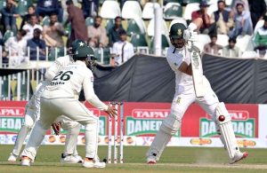 Pakistan player Sajid Khan celebrates after taking wicket of South Africa batter Aiden Markram during the second day of the second Test match between Pakistan and South Africa at the Rawalpindi Cricket Stadium.