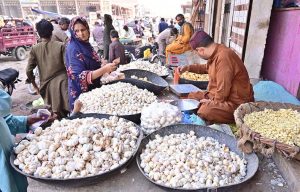 A woman purchasing garlic from vendor at Vegetables Market.