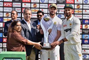 Pakistan captain Shan Masood and South Africa captain Aiden Markram share trophy after the Test series ended in a 1-1 draw at Rawalpindi Cricket Stadium.
