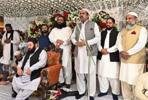 Provincial Minister for Zakat and Ushr Punjab Rana Munawar Ghous addresses a Mehfil-e-Milad and Seerat-un-Nabi (SAW) conference, presided over by Pir Fiyyaz-ul-Hassan Qadri and organized by Sultan Bahu Trust at a private hotel.