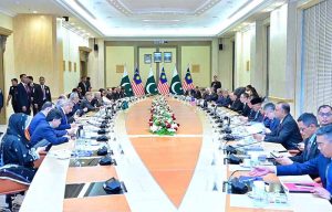 Prime Minister of Pakistan Muhammad Shehbaz Sharif and Prime Minister of Malaysia Dato Seri Anwar Ibrahim in delegation level talks at Purdana Putra (Malaysian Prime Minister's Office).