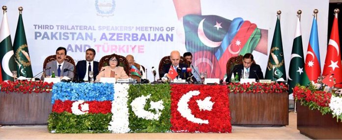 Chairman Senate, Syed Yousaf Raza Gilani addressing as special guest at the inaugural session of the Third Trilateral Speakers Meeting of Azerbaijan, Pakistan and Turkiye at Parliament House