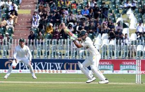 South Africa's players celebrate the dismissal of Pakistani batter Abdullah Shafique during the first day of the second Test match between Pakistan and South Africa at the Rawalpindi Cricket Stadium.