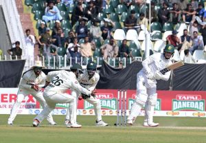 Pakistan player Sajid Khan celebrates after taking wicket of South Africa batter Aiden Markram during the second day of the second Test match between Pakistan and South Africa at the Rawalpindi Cricket Stadium.