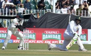 Pakistan's fielder Babar Azam attempts a catch of South Africa's batter Senuran Muthusamy during the third day of the second Test match between Pakistan and South Africa at the Rawalpindi Cricket Stadium.