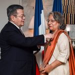 French Ambassador Nicolas Galey conferring the Ordre des Arts et des Lettres award on Fizza Hasan in recognition of her contributions to promoting theatre and Francophonie in Pakistan