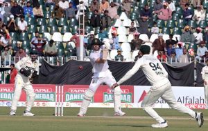 Pakistan player Sajid Khan celebrates after taking wicket of South Africa batter Aiden Markram during the second day of the second Test match between Pakistan and South Africa at the Rawalpindi Cricket Stadium.
