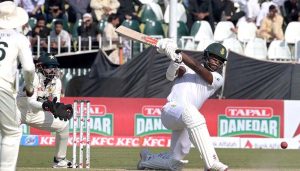Pakistan's fielder Babar Azam attempts a catch of South Africa's batter Senuran Muthusamy during the third day of the second Test match between Pakistan and South Africa at the Rawalpindi Cricket Stadium.