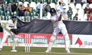 Pakistan player Sajid Khan celebrates after taking wicket of South Africa batter Aiden Markram during the second day of the second Test match between Pakistan and South Africa at the Rawalpindi Cricket Stadium.