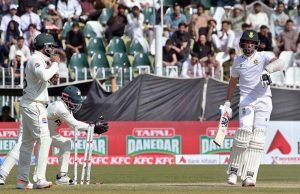 Pakistan's fielder Babar Azam attempts a catch of South Africa's batter Senuran Muthusamy during the third day of the second Test match between Pakistan and South Africa at the Rawalpindi Cricket Stadium.