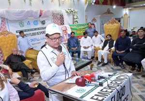 Minister of State for Development and Planning, Chaudhry Armaghan Subhani, addressing a ceremony organized by PPAF (Pakistan Poverty Alleviation Fund) for distributing ration packages under the Emergency Flood Response 2025 initiative.