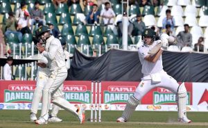 Pakistan player Sajid Khan celebrates after taking wicket of South Africa batter Aiden Markram during the second day of the second Test match between Pakistan and South Africa at the Rawalpindi Cricket Stadium.