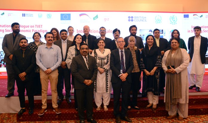 Minister of State for Education and Professional Training Ms. Wajiha Qammar and German Ambassador to Pakistan Ms. Ina Lepel, in a group photograph during the two-day International Dialogue on “TVET in the Shifting Socio-Economic Paradigm” at a local hotel