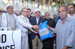Minister of State for Development and Planning, Chaudhry Armaghan Subhani, addressing a ceremony organized by PPAF (Pakistan Poverty Alleviation Fund) for distributing ration packages under the Emergency Flood Response 2025 initiative.