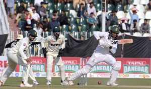 Pakistan player Sajid Khan celebrates after taking wicket of South Africa batter Aiden Markram during the second day of the second Test match between Pakistan and South Africa at the Rawalpindi Cricket Stadium.