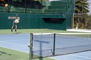 Tennis players in action during the Boys Singles Final of the ITF Pakistan International J-30 Junior Tennis Championships 2025 (Leg-1), continued at the PTF-SDA Tennis Complex