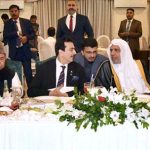 Chairman Senate Syed Yousaf Raza Gilani exchanging views with Sheiκh Dr. Mohammed Bin Abdulkarim Al-Issa, Secretary-General of the Muslim World League at a reception hosted by Minister for religious affairs, Sardar Muhammad Yousaf