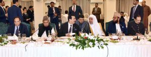 Chairman Senate Syed Yousaf Raza Gilani exchanging views with Sheiκh Dr. Mohammed Bin Abdulkarim Al-Issa, Secretary-General of the Muslim World League at a reception hosted by Minister for religious affairs, Sardar Muhammad Yousaf